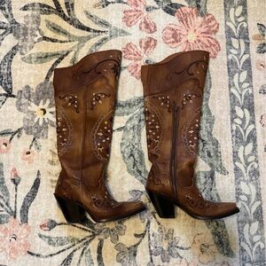Dan Post Brown Embellished Leather Knee-High Heeled Boots